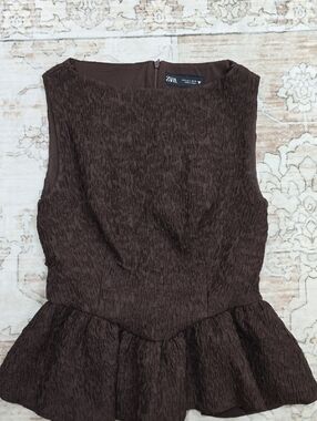 ZARA Brown Textured Peplum Sleeveless Top